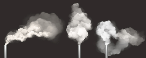 chimneys with smoke, pipes with steam set. industrial smog white clouds, factory or plant flues isolated on black , environmental air pollution concept, realistic 3d vector illustration