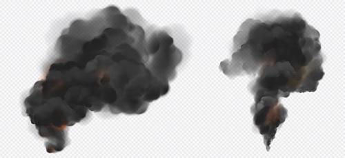 black smoke or steam trails set, factory or plant industrial smog clouds isolated on transparent , environmental air co2 gas pollution, emission. realistic 3d vector illustration, clip art