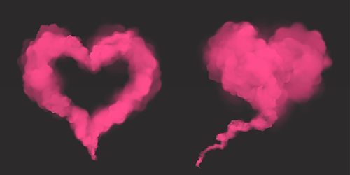 Pink smoke in heart shape. Love symbol from magic dust or powder. Vector realistic mockup of flow mist, transparent smoky stream. Design elements for Valentines day card isolated on dark background