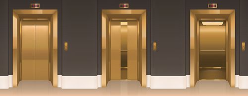 Golden lift doors. Office hallway with closed, slightly ajar and open elevator cabins. empty interior with passenger or cargo gold cabins, button panel and floor indicator on wall realistic 3d vector