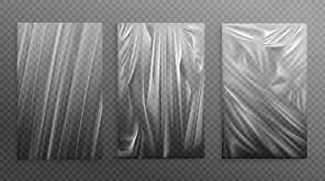 Stretched cellophane banner, realistic crumpled or folded texture vector illustration. Clear transparent polyethylene top of plastic container, tape or elastic wrapping paper for food or snacks bag