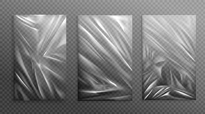 Stretched cellophane banner, realistic crumpled or folded texture vector illustration. Clear transparent polyethylene top of plastic container, tape or elastic wrapping paper for food or snacks bag