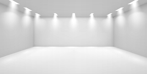Art gallery empty 3d room with white walls, floor and illumination lamps around perimeter. Museum interior for collection presentation, photography contest exhibition hall, Realistic vector mock up
