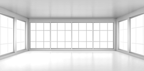 Empty white room with large windows. Vector realistic 3d interior of office, studio, modern living room in house or apartment. Minimal style of room design interior