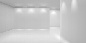 Art gallery empty 3d room with white walls, floor and illumination lamps. Museum interior passages with lights for pictures presentation, photography contest exhibition hall, Realistic vector mock up