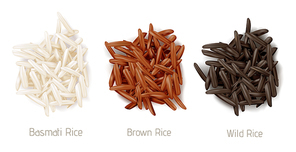 Rice basmati, brown and wild grain piles top view isolated on white . Vegetarian organic raw food, different cereals types for sushi and healthy eating, realistic 3d vector icon, clip art