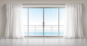 Glass windows with white silk curtains and overlooking to sea. Vector realistic interior of empty room in home or hotel with glass doors to balcony, terrace with railings