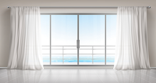 Glass windows with white silk curtains and overlooking to sea. Vector realistic interior of empty room in home or hotel with glass doors to balcony, terrace with railings