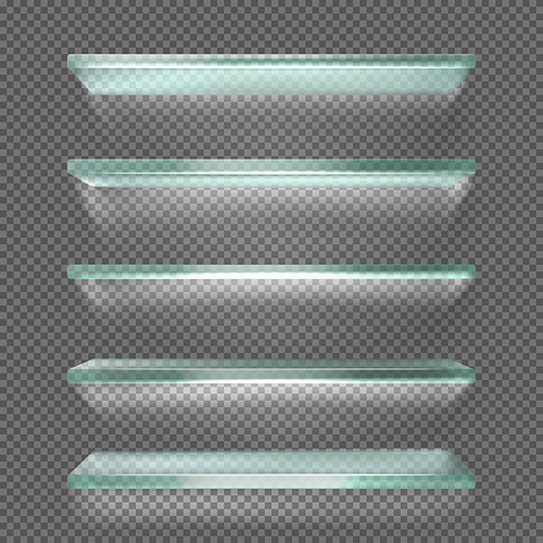 Glass shelves with backlight, ice rack isolated on transparent background. Empty clear translucent illuminated ledges or wall bookshelves. Design element for room decoration Realistic 3d vector mockup