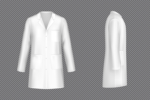 White doctor coat, medical uniform isolated on transparent . Vector realistic mock up of lab costume front and side view. Clothes for medicine profession, nurse suit, physician robe