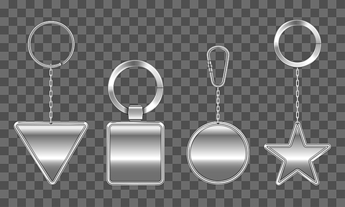 Keychains set. Metal round, square, triangle and star keyring holders isolated on transparent background. Silver colored accessories or souvenir pendants mock up. Realistic 3d vector icons, clip art