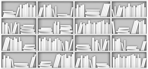 White bookshelf mockup, books on shelf in library, home, school or office interior. Volumes with blank paperback stand in row and lying in pile on rack standing on floor, realistic 3d vector mock up