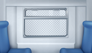 train wagon interior with seats, window and gray wall. vector realistic transparent glass window with metal  and handles in metro, passenger compartment with blue chairs in railway transport