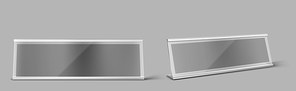 table card holder, empty name plate. vector realistic mockup of metal stand for identification tag for events front and angle view, steel  for nameplate isolated on gray background