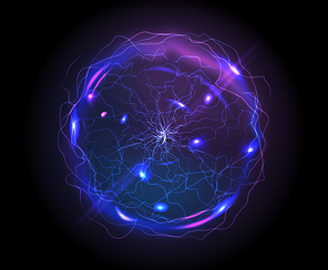 Electric ball or plasma sphere, realistic vector illustration. Abstractt ball lightning with burning rays or powerful electric discharges isolated on black background. Magical energy design element