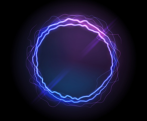 electric circle or plasma round, realistic vector illustration. abstractt round lightning  with burning rays or powerful electric discharges isolated on black. magical energy design element