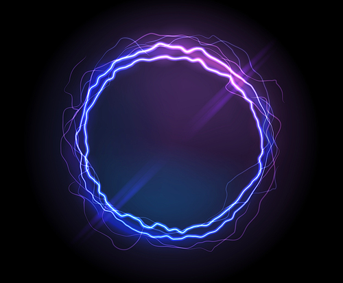 electric circle or plasma round, realistic vector illustration. abstractt round lightning  with burning rays or powerful electric discharges isolated on black. magical energy design element