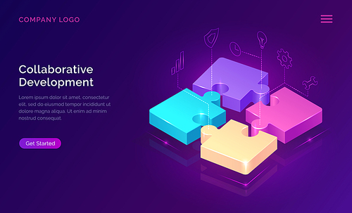 collaborative development, isometric business concept vector. color puzzle  with holographic interface icons on ultraviolet background. teamwork, cooperation, partnership and trust 3d concept
