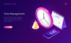 Time management isometric business concept vector. Desk calendar or schedule, clock, mobile phone with hourglass on screen and golden bell isolated on ultraviolet background. Working time organization