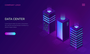 Date center isometric concept vector illustration. Server room with hardware racks or web hosting infrastructure icons on ultraviolet web banner, database storage technology, cloud computing services