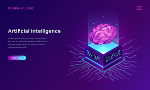 Artificial intelligence or ai isometric concept vector illustration. Virtual human brain over luminous server and connections, future technology icons isolated on ultraviolet banner