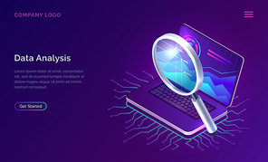 Data analysis, search engine optimization or SEO isometric concept vector illustration. Large magnifier and open laptop with charts and graphs on the screen, business technology ultraviolet banner