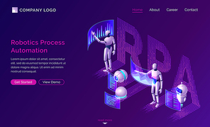 Robotic process automation or rpa isometric concept vector. Artificial intelligence robots analyze data and diagrams on dashboard virtual screens, SEO workflow isolated on purple, infographic banner