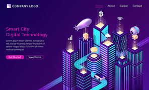 Smart city infrastructure, internet of things and wireless network technology, isometric concept vector. Tall urban home buildings with symbol wireless, transport isolated on ultraviolet banner