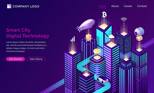 Smart city infrastructure, internet of things and wireless network technology, isometric concept vector. Tall urban home buildings with symbol wireless, transport isolated on ultraviolet banner