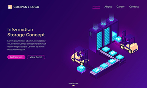 Information storage isometric concept, technology vector illustration. Server racks, conveyor belt with web information icons and yellow loaders loading data in database, purple network banner