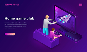 Home game club isometric concept vector illustration. 3D icon console, station for video games and two men players with joysticks in their hands, leisure home interior isolated on purple web banner.
