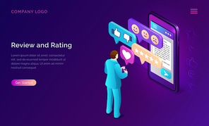 Review and rating isometric landing page. Customer stand at huge smartphone screen leaving feedback and put stars in mobile app. Clients evaluate service technology. 3d vector illustration, web banner