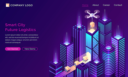 Smart city future logistic isometric landing page. Drone delivery cargo on conveyor belt at modern neon buildings. Goods transportation service, export, import trade 3d vector illustration, web banner