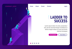 Ladder to success isometric landing page. Businessman climb upstairs to take trophy on top. Business development and finance success achievement. Ambition plan, work opportunity 3d vector illustration