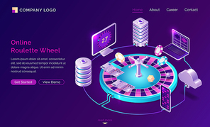 Online casino isometric landing page, money bills and chips lying on roulette wheel surrounded with gadgets, computers and servers via cloud system and internet. Gambling games 3d vector web banner