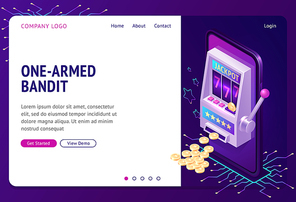 One-armed bandit isometric landing page. Online casino gambling house with slot machine, 777 number jackpot and money coins. Gaming industry business, recreation 3d vector illustration, web banner