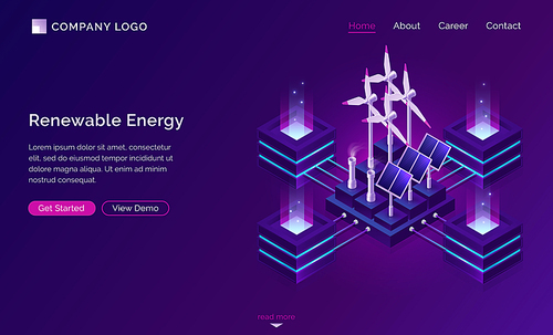 Clean energy, modern power engineering isometric landing page. Renewable sources ecologically alternative energetics, weather station with windmills and solar panels, eco city 3d vector web banner