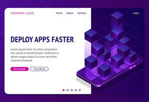 Deploy apps faster isometric landing page. Application containerization and modular software development with square blocks on mobile phone screen, blockchain containers, abstract vector 3d web banner