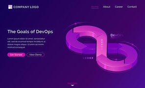 Goals of DevOps banner. Concept of development operations, communication of programmers and engineers. Vector landing page of project integration with isometric illustration of lifecycle infinity sign