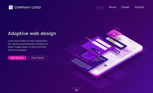 Adaptive interface design isometric landing page. User experience, ui ux mobile phone layouts, online form for login and password enter. Mobile app development, gadget software 3d vector web banner
