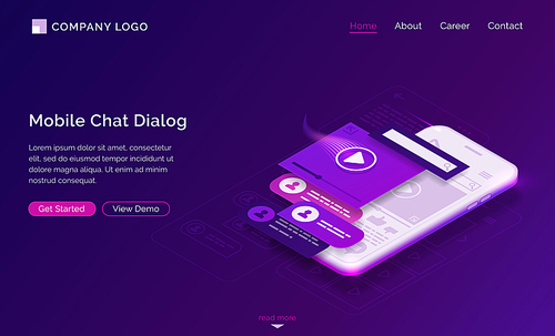 Mobile chat dialog isometric landing page, sms and audio messages ui mobile app interface layouts at smartphone screen. Media communication in messenger, speech bubbles, chatbot 3d vector web banner
