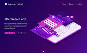 ECommerce app banner. Mobile payment concept. Vector landing page of online shopping with isometric illustration of UI UX design, interface layout on smartphone screen