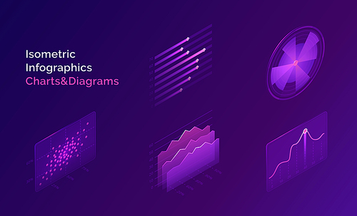 Isometric infographic charts and diagrams. Vector abstract analysis and statistic graphs, timelines. Design elements of digital report for finance, investment or another data on purple background