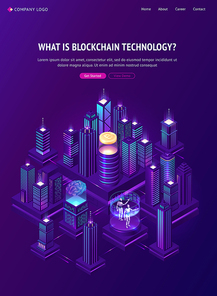 Blockchain technology isometric landing page. Huge bitcoin, human brain and neon glowing skyscraper buildings in smart city with robots. Cryptocurrency business mining solutions, 3d vector web banner