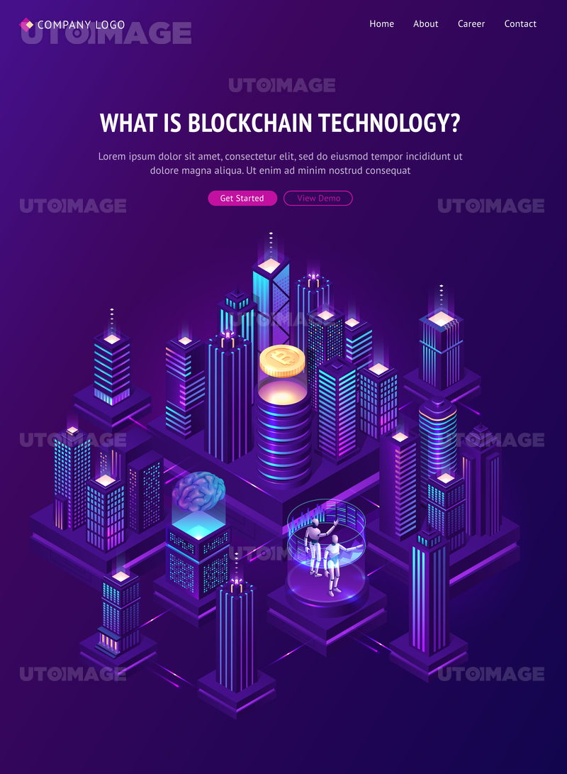 Blockchain technology isometric landing page. Huge bitcoin, human brain and  neon glowing skyscraper buildings in smart city with robots. Cryptocurrency  business mining solutions, 3d vector web banner | 유토이미지 | 상세페이지 |