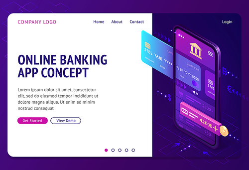 Online banking app isometric landing page. Smart wallet concept with credit or debit card payment application on smartphone screen, secure money online transaction, nfc technology 3d vector web banner