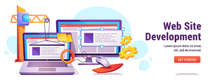 Web site development banner. Landing page creation, programming and coding work on pc software. Building crane set up website interface design elements on computer monitor. Cartoon vector illustration