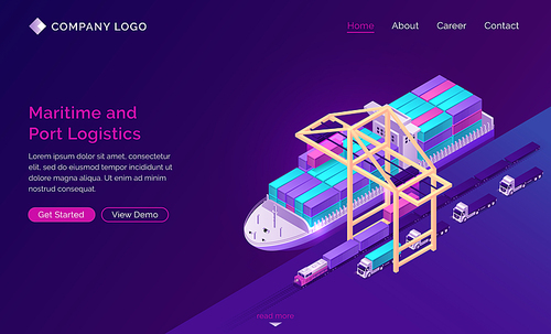 Transport logistics isometric landing page, ship in port with ramp, train and trucks. Delivery service company, cargo and goods export and import over world, industrial business, 3d vector web banner