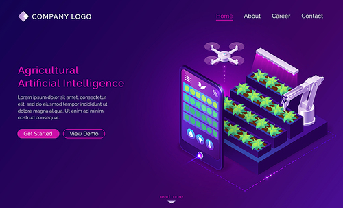 Agricultural artificial intelligence isometric landing page. Smart farming, ai technologies in farm industry. Robotics arm care of plants, smartphone app control drone, automation 3d vector web banner