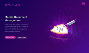 Mobile document manager or e-signature business concept vector isometric illustration. Online signing, shield and stylus pen, purple horizontal banner with data waterfall, landing web page for app